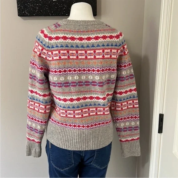 J Crew Womens Holly Fair Isle Wool Sweater Crewneck Grey Red White Sz S Sweaters